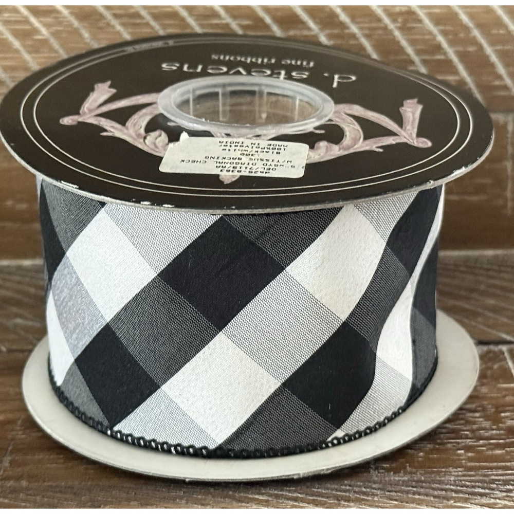 D. Stevens 2.5" Wired Ribbon Black White Diagonal Check Christmas Harlequin